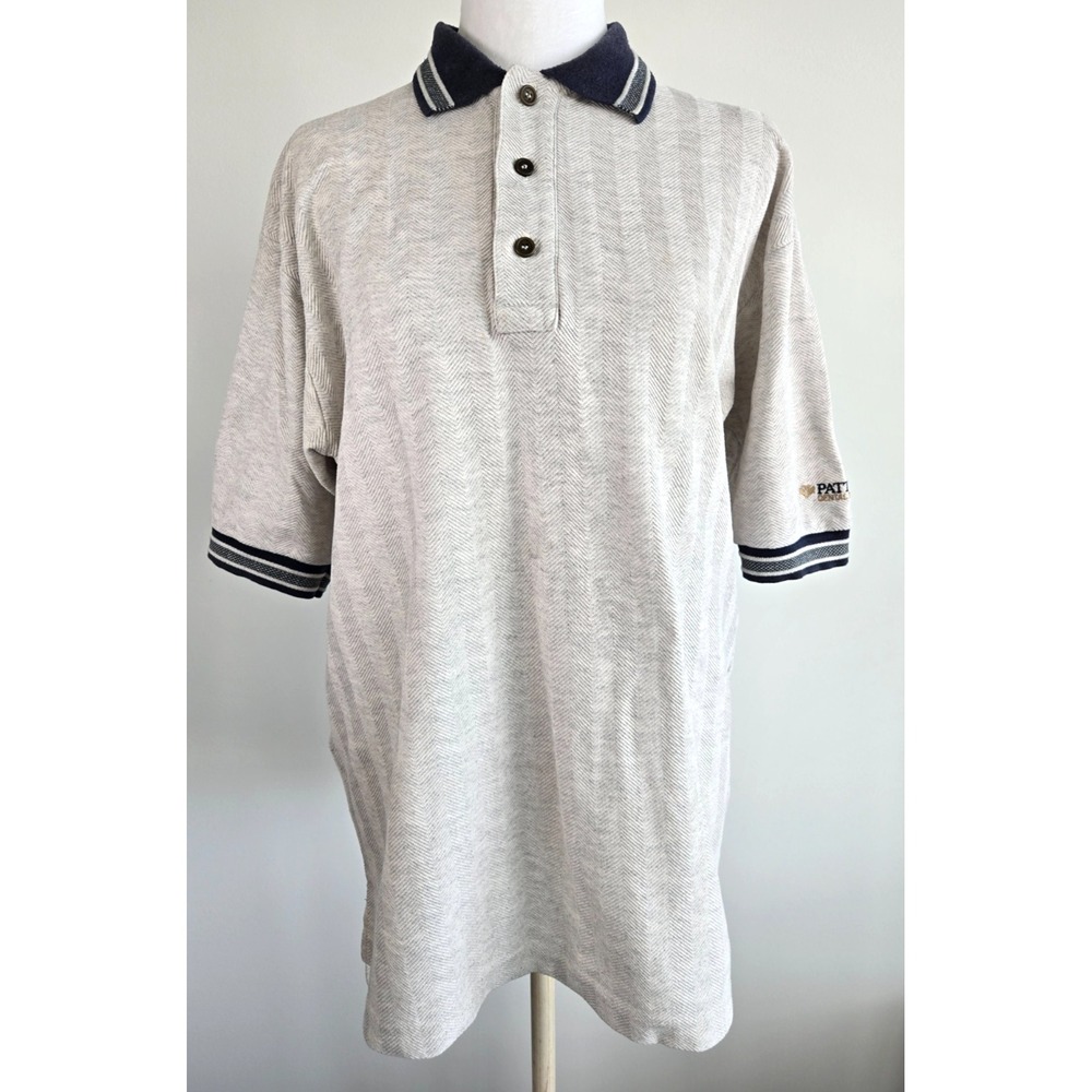Vintage Fairline Polo Shirt Chevron Patter Knit Light Grey Navy Blue Collar